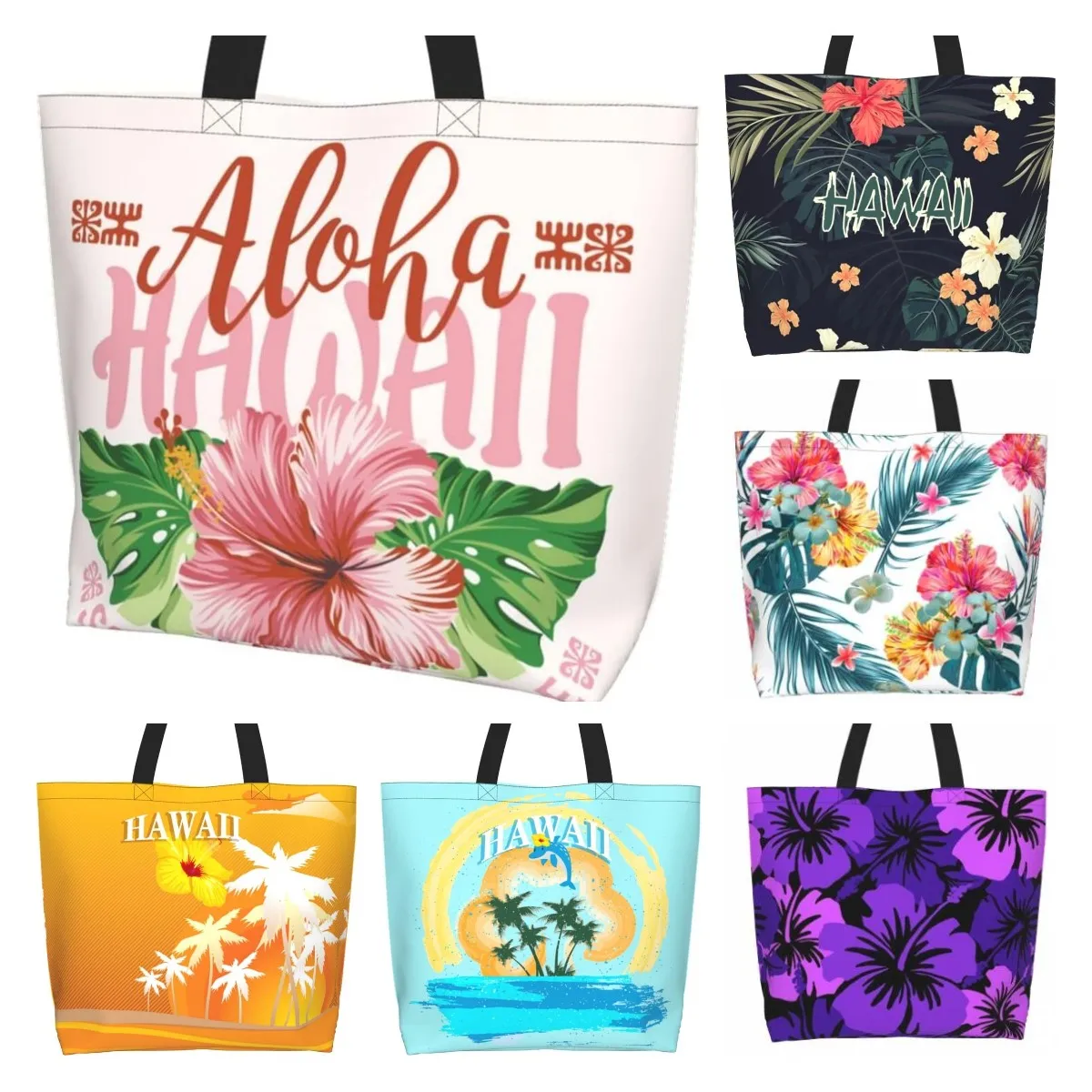 Aloha Hawaii Hibiscus Einkaufstasche, Sommer-Blumentaschen, Aufbewahrung, große Kapazität, Einkaufstaschen, tragbare Tasche, Reisetasche,