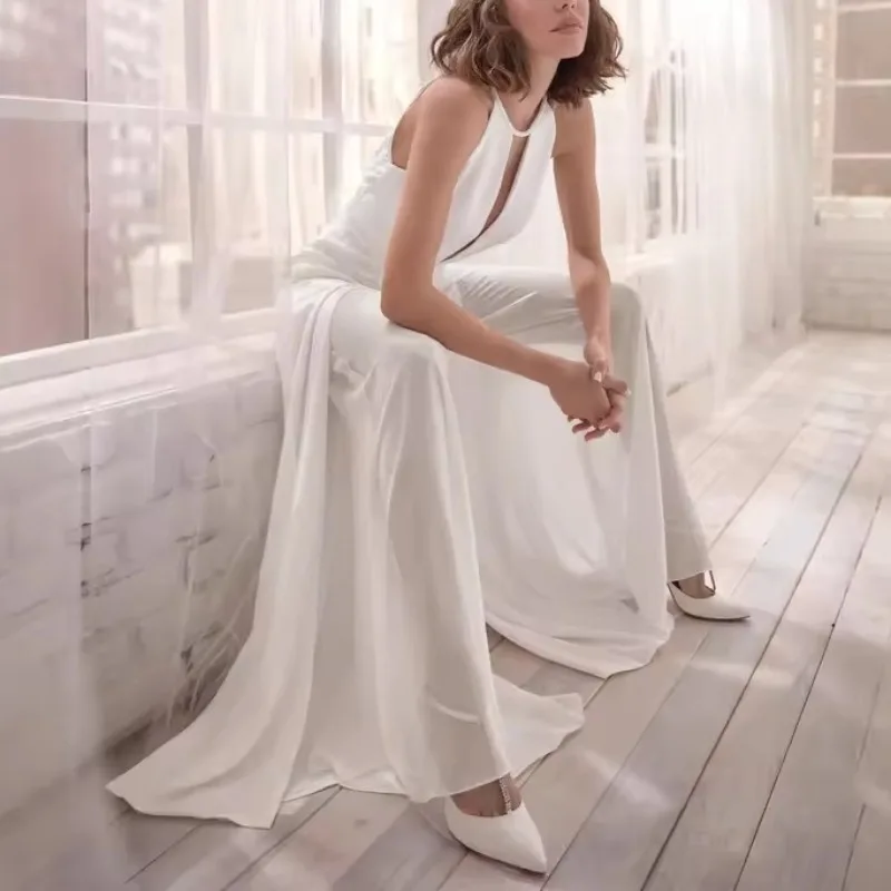 Sexy tiefer V-Ausschnitt, Neckholder, Chiffon-Overall, rückenfrei, hoher Schlitz, elegantes Abendkleid für Damen, insgesamt für Party, Hochzeit