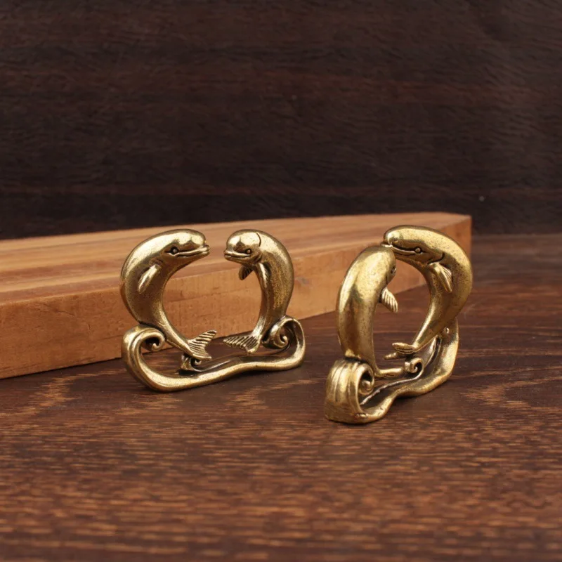 Brass Double Dolphin Small Statue Desktop Ornaments Vintage Animal Figurines Model Lucky Home Decorations Crafts Accessories ﻿