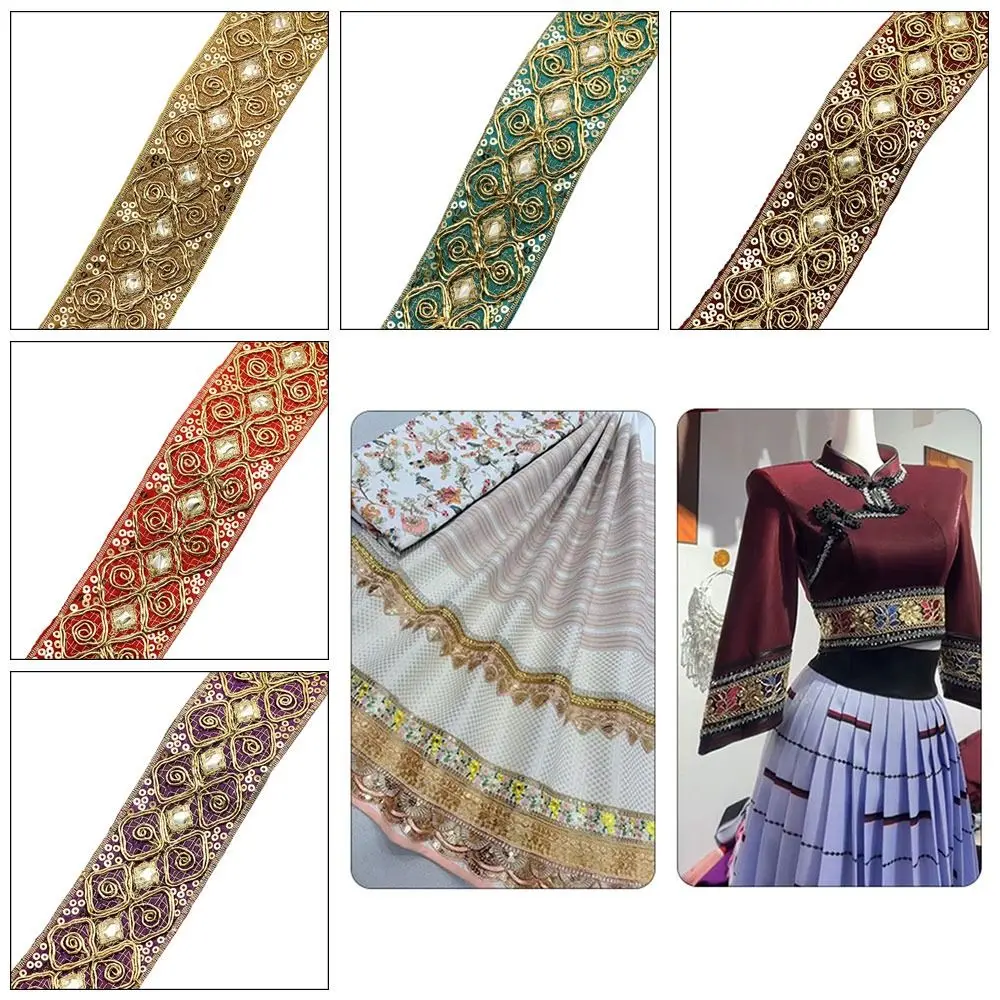 4.5cm Wide Embroidered Lace Webbing 10 Yards Handmade Ethnic Lace Ribbon Sequins Embroidery Gold Thread DIY Clothing Accessories