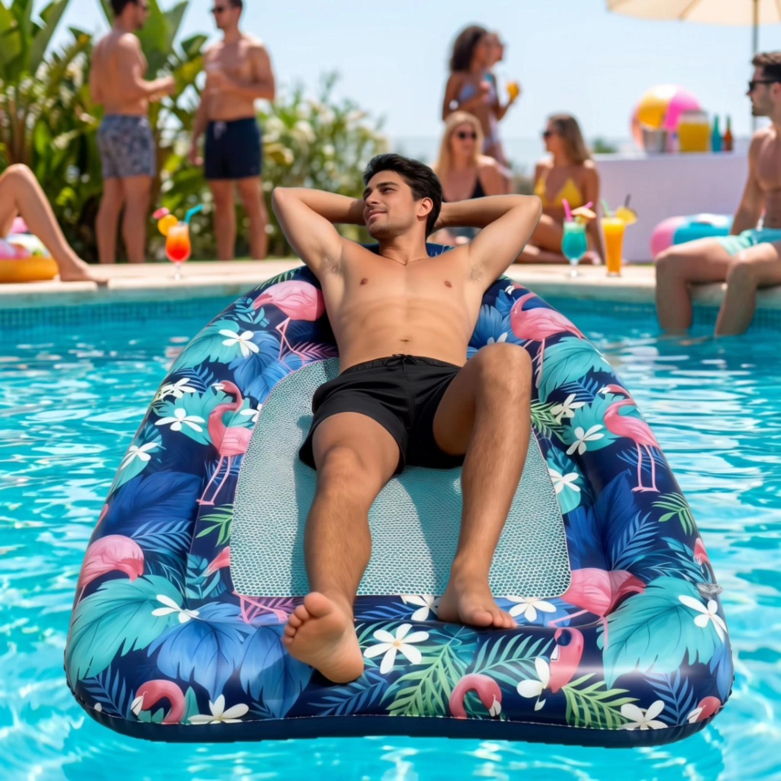 Inflatable Lounge Chair Flamingo-Themed Floating Bed with Mesh Pool Buoyant Lounger Heavy-Duty PVC Pool Buoyant Chair