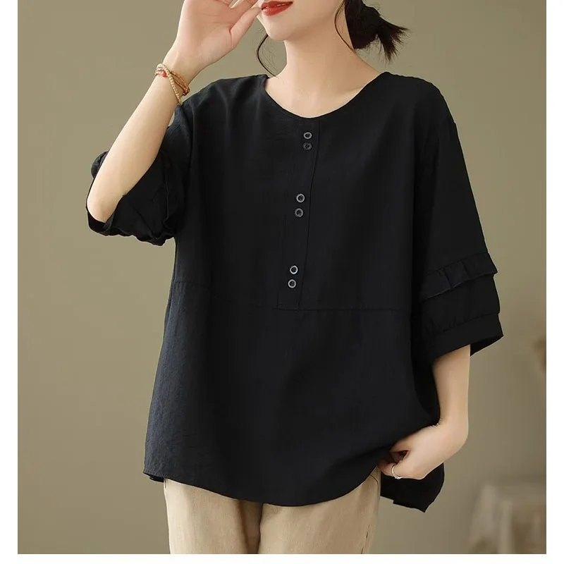 

Loose Cotton and Linen Button Comfortable Casual Short Sleeved T-shirt 2025 Summer Women Large Size Round Neck Solid Color Tops