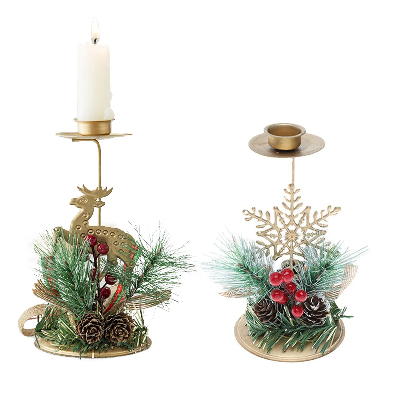 Christmas Candle Holders Set - Reindeer & Snowflake with Pine Cones Berries, Festive Metal Stands for Xmas Table Decor