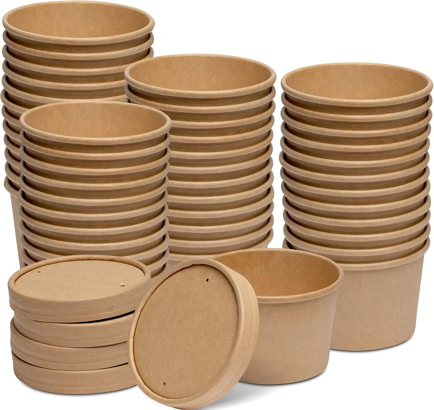 

[8 oz. - 50 Count Kraft Paper Food Containers with Vented Lids - To Go Hot Soup Bowls, Disposable Ice Cream Cups, Ideal