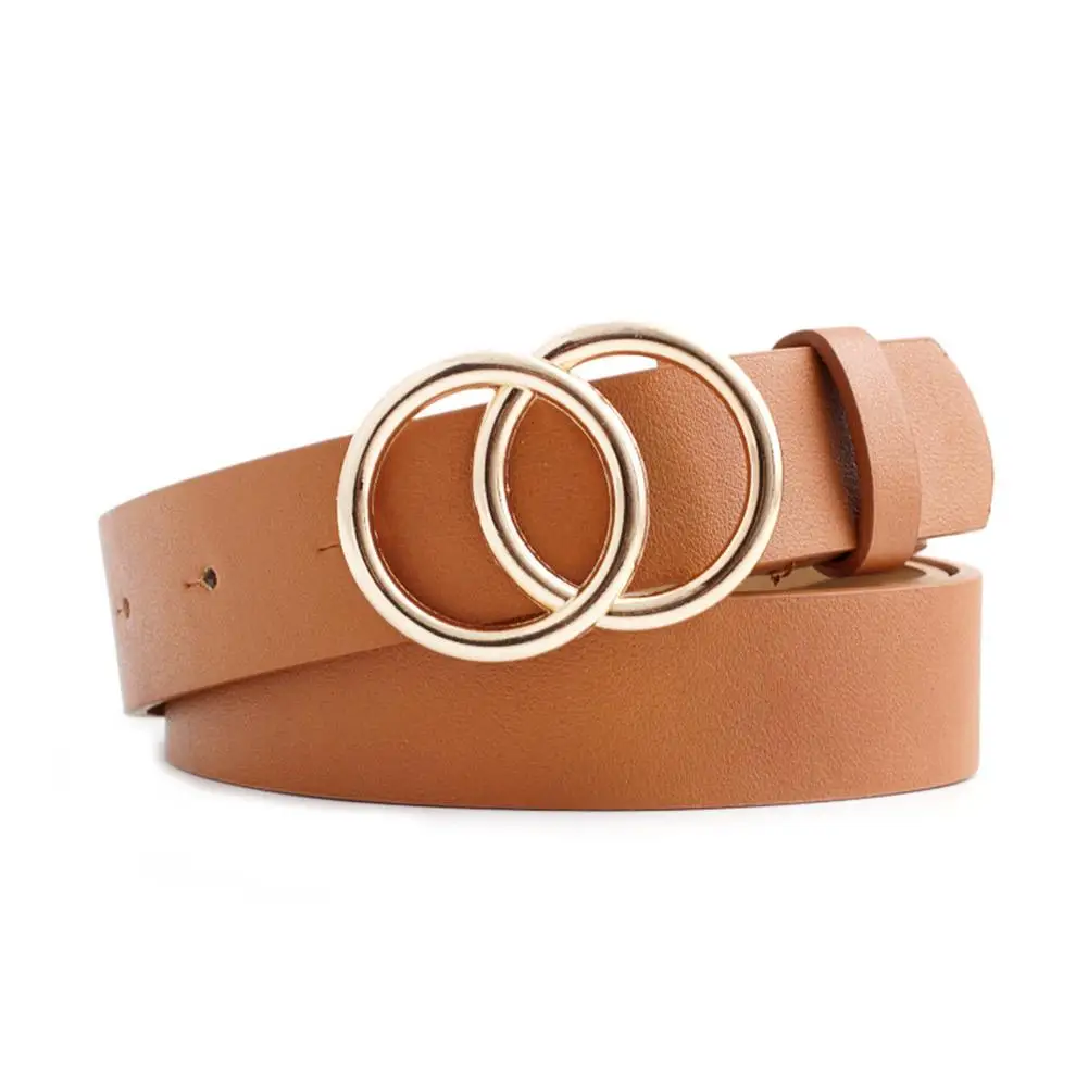 Double Circle Button Belt Leisure Jeans Fashion Dress Leather Women Solid Simple Color Waist Belt Adjustable Strap Belt F8B4