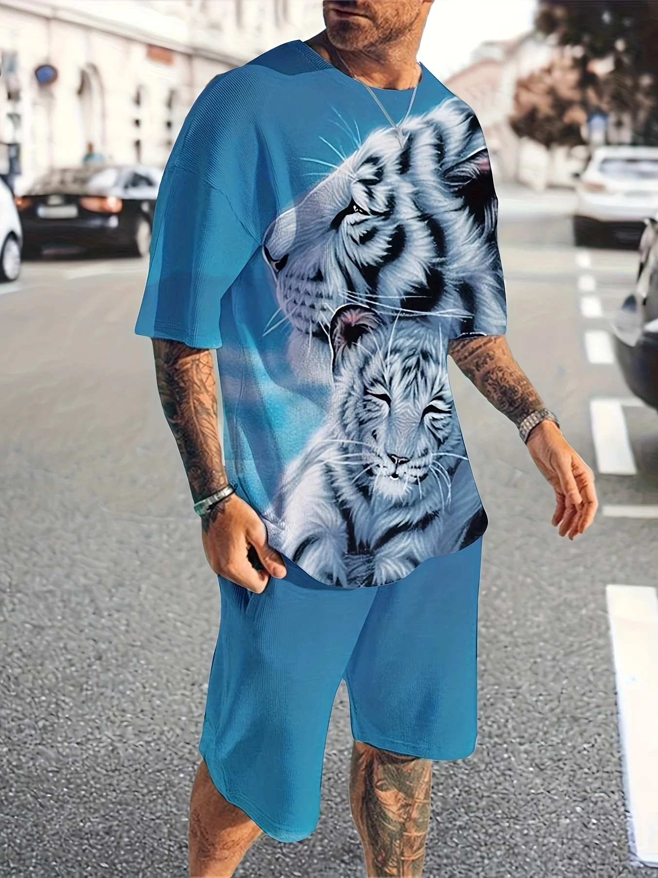 New Summer Men\'s Sets Shorts Outfits 3D Tiger Printed Short Sleeve T-shirt Two Pieces Casual Tracksuit Oversized Beach Sportwear