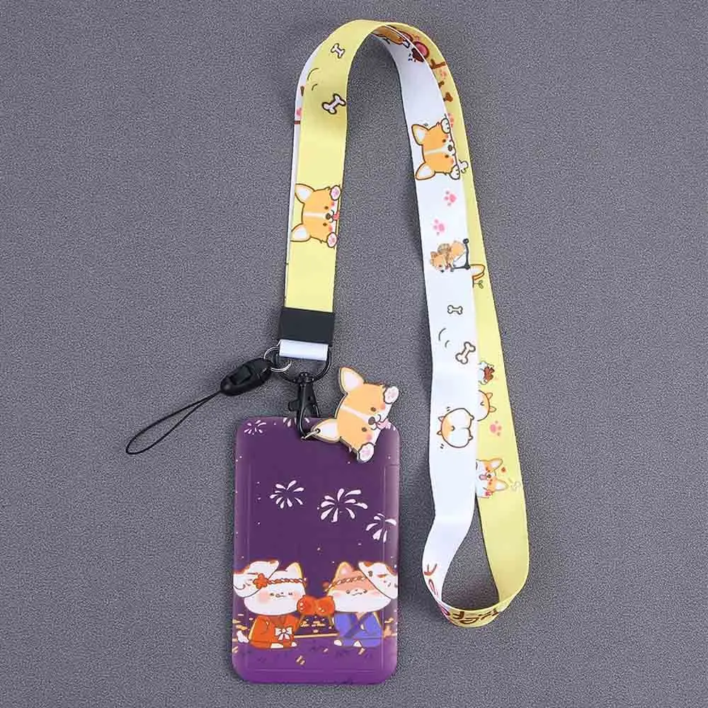 Kredit ID Shiba Inu dengan Lanyard gantungan kunci, penutup penyimpanan kartu Korea, wadah kartu akses kontrol kartu kartun