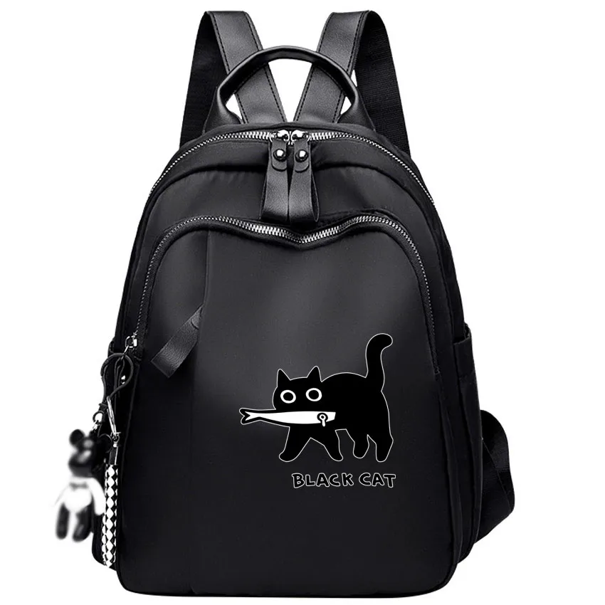 

Fun A Black Cat Eating Fish Japanese Style Printing Travel backpack double-shoulder bag schoolbag women's multi-purpose bag