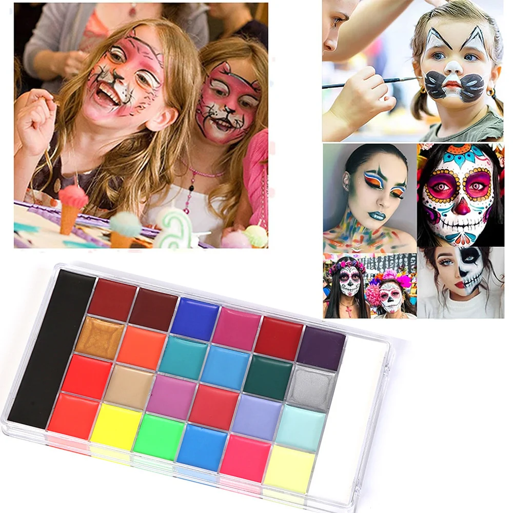 26 Colors Face & Body Paint Palette Kit Halloween Makeup Kit with 12 Brushes 6 pcs Stickers for Cosplay Party Stage Makeup