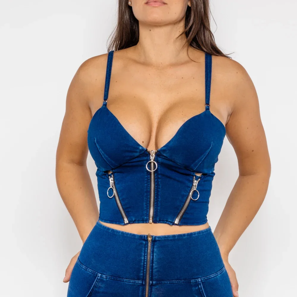 Shascullfites Melody Shapers Dunkelblaues Denim-Camis mit Reißverschlüssen, bauchfreies Top für Damen, schmale Passform, ärmelloses Träger-Tanktop – Detail 11