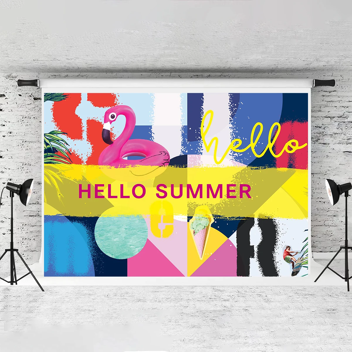 Hello Summer Backdrop Colorful Surfing Background Music Festival Decor Outdoor Beach Party Decoration Banner Family Photography