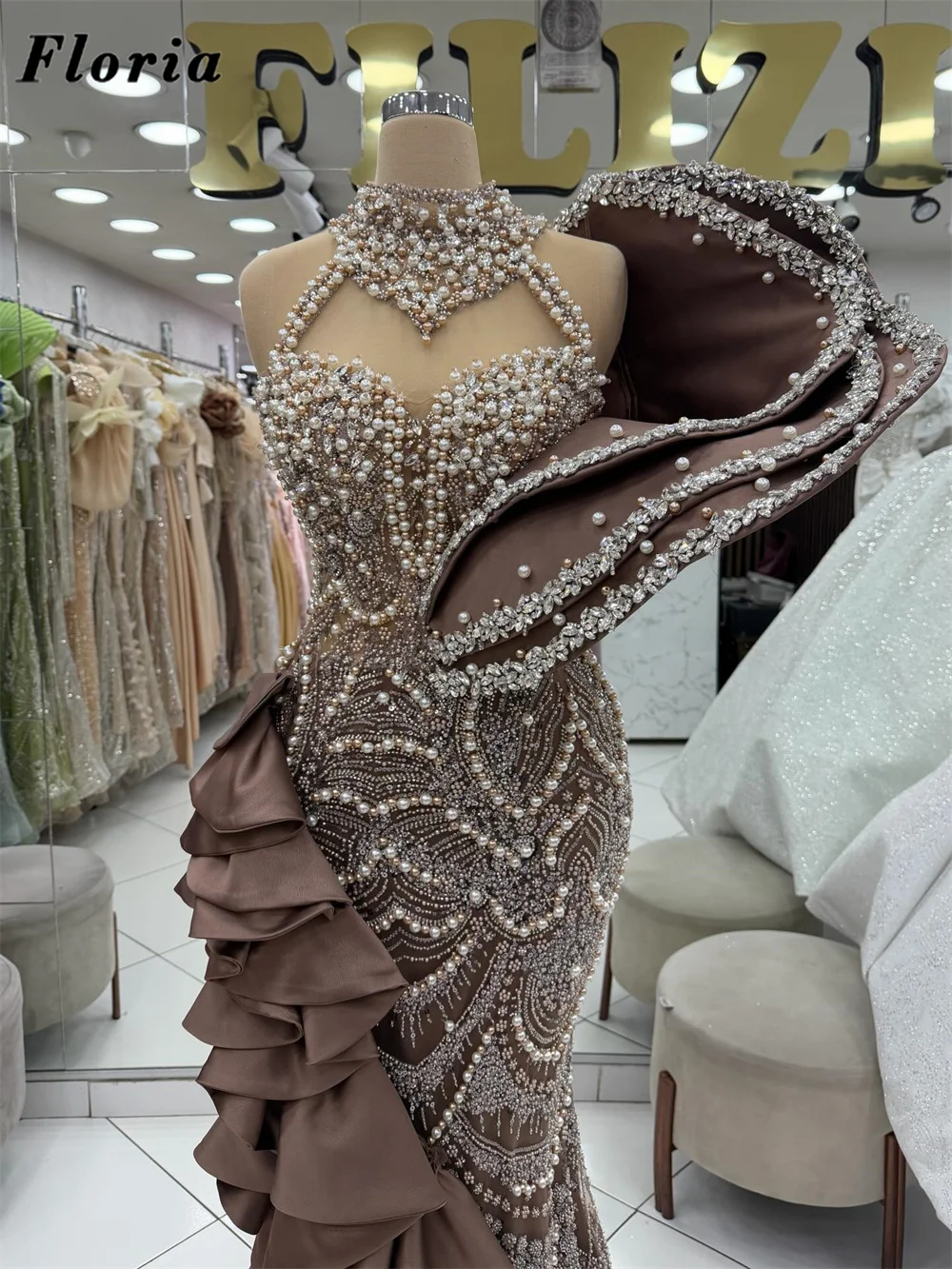 Vestidos de Celebridad Marrones Personalizados, Tallas Grandes, con Cuentas y Cristales, Vestidos de Noche, Vestidos de Cóctel Estilo Sirena, Vestidos de Gala