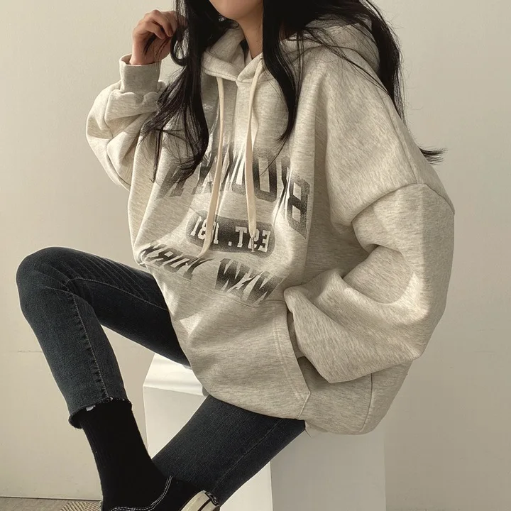 Hoodied Women\'s Winter Loose Letter Print Plush Thick Hooded Sweatshirt Korean Top Harajuku Sudaderas Para Mujer Winter Clothes