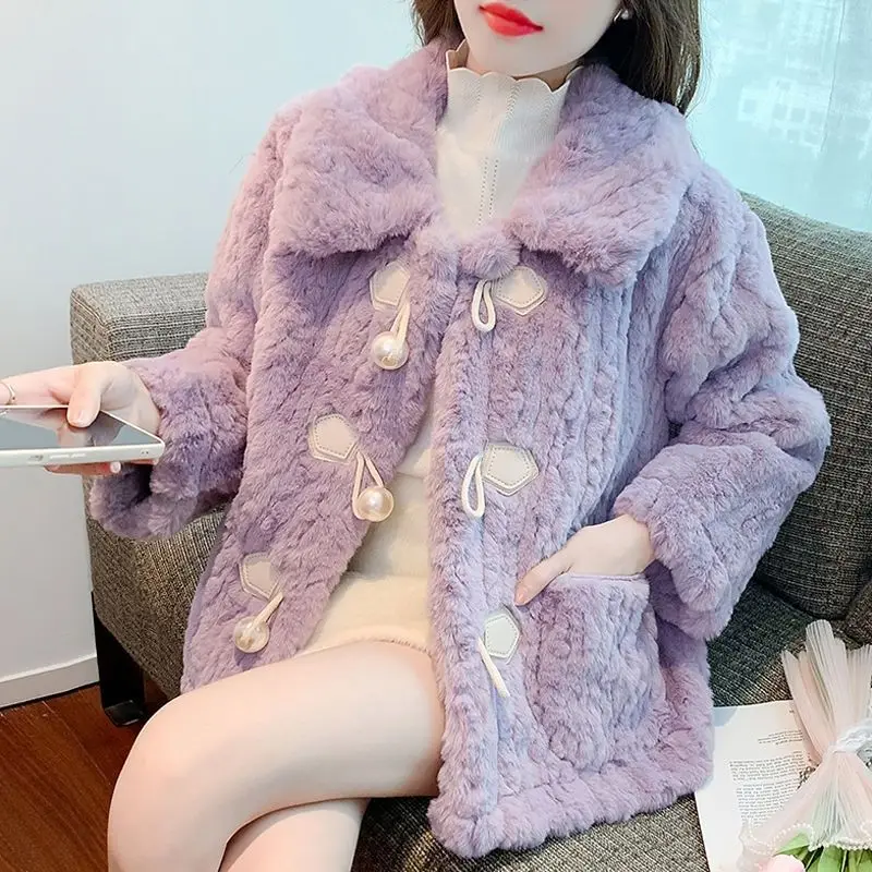 2023 Winter New Women Faux Rabbit Fur Coat Thicken Loose Keep Warm Outwear Fashion Casual Pearl Button Outcoat Polo Collar Top