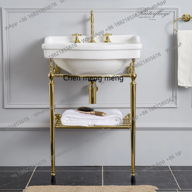 

New retro brass double-layer bracket wash basin set, gold bathroom floor-to-ceiling wall customization
