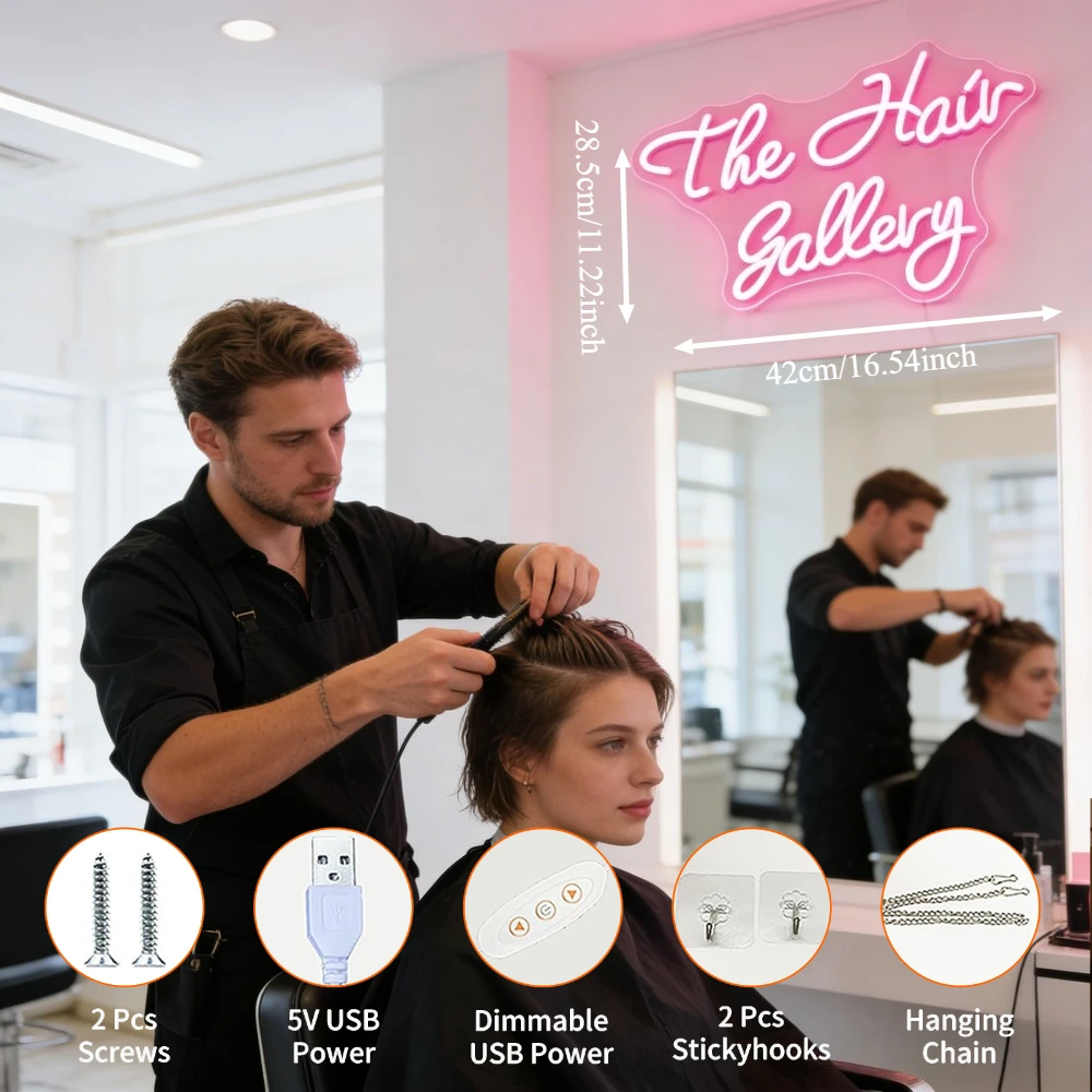 The Hair Gallery Neon Sign LED Marquee Light for Salon Barber Shop Beauty Studio Decoration Aesthetic Pink Signage