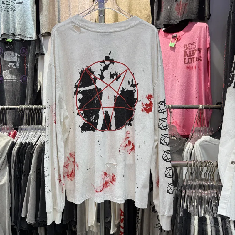Splashed Ink Hole Damaged Long Sleeve Saint T Shirt Evil Star Print Cothes Men Women Vintage Washed Loose Stain T-shirt Tops Tee