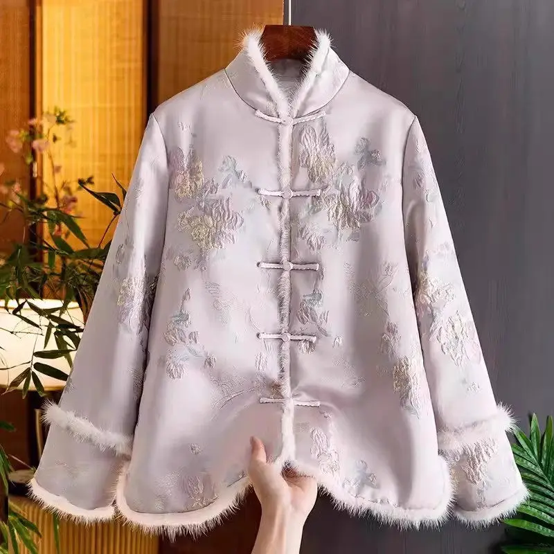 New Chinese Women\'s Pink Jacquard Cotton Coat Winter High End Tang Style Thickened Button Elegant Quilted Jacket Tops Z4340