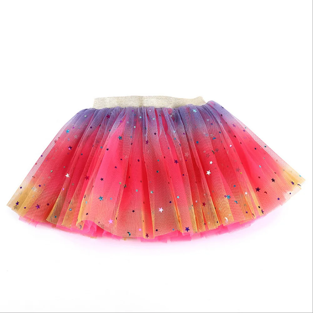 

Girls Casual Short Yarn Skirt Rainbow Assorted Color Multi-Layer Elastic Waist Dress Pink Yellow Purple Light Purple Rosy