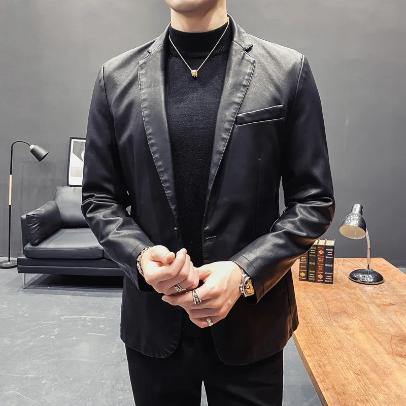 New Fashion Men Slim Fit Leather Suits Jackets Formal Blazers Coats Quality Male Business Casual PU Leather Blazers Jackets  5XL