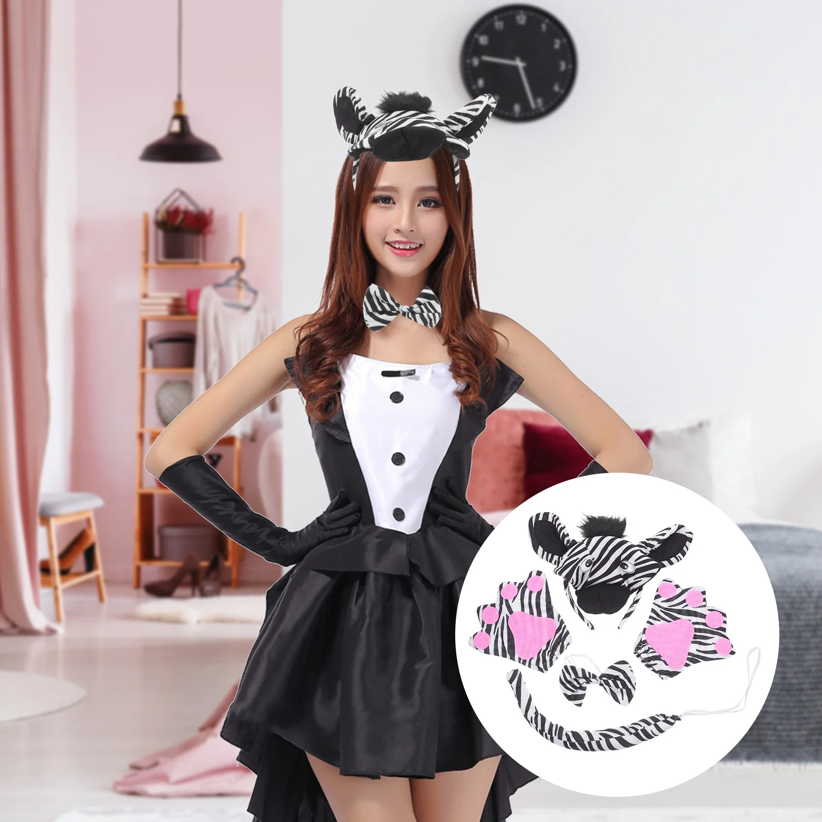 1 set set di costumi zebrati fascia per bambini guanti con papillon coda animale festa di Halloween accessori cosplay per bambini set cosplay di animali