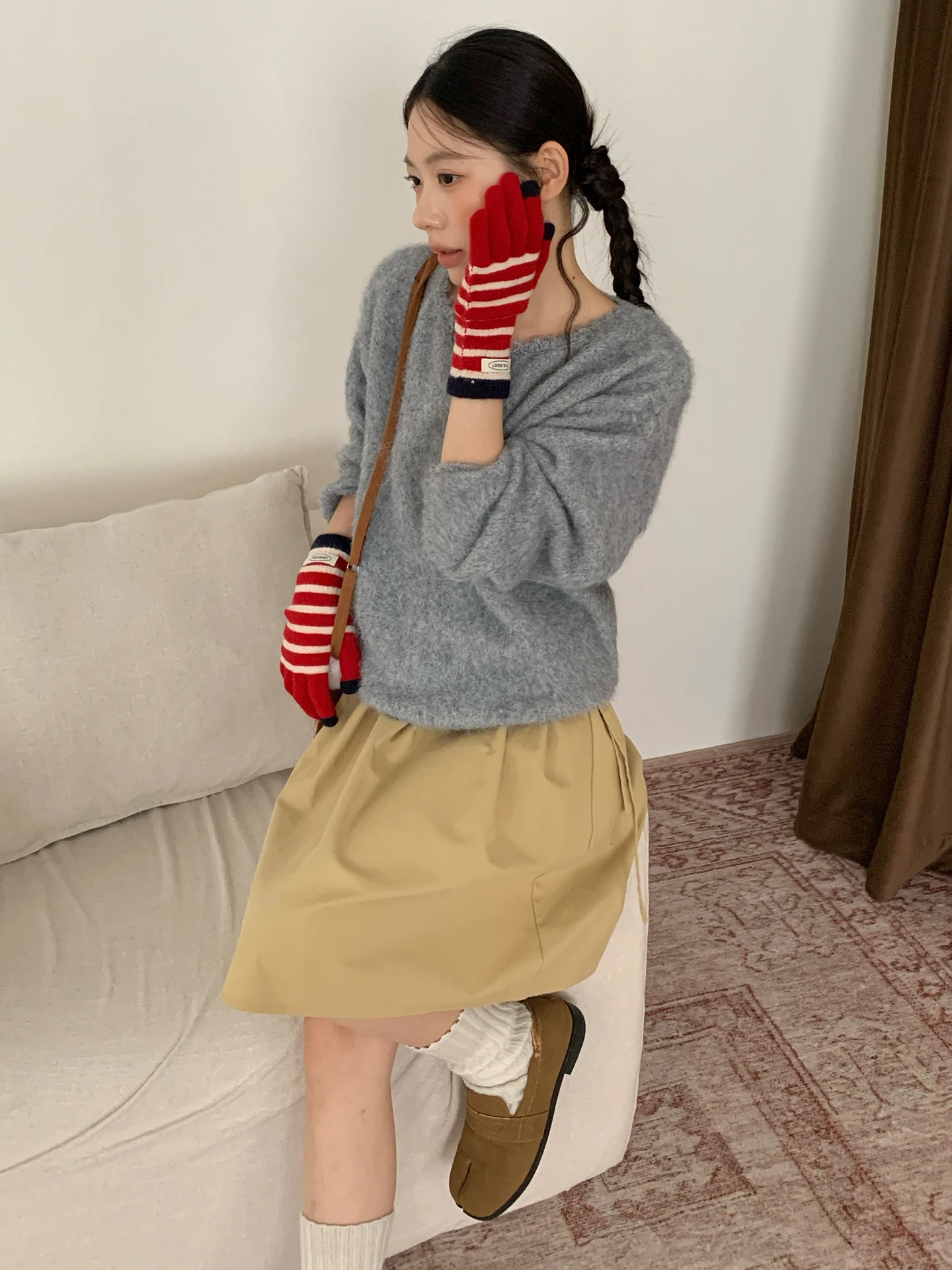 Korean Style Red Striped Knitted Woolen Gloves Women's Autumn Winter Cycling Touch Screen Compatible Warm Cold Protection Fiv...