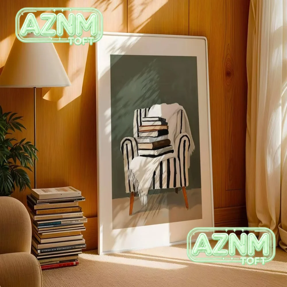 Cozy Reading Nook Wall Art Stack of Books on Chair Canvas Print Neutral Aesthetic Decor Book Lover Minimalist Literary Artwor