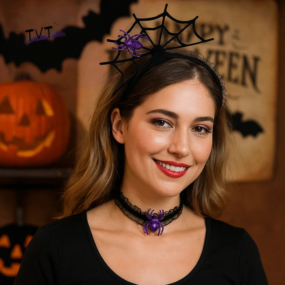 

Funny Black Halloween Headband Ruffles Hollow Hairband Necklace Set Mesh Cosplay Props Spider Web Hairband Boys/Girls