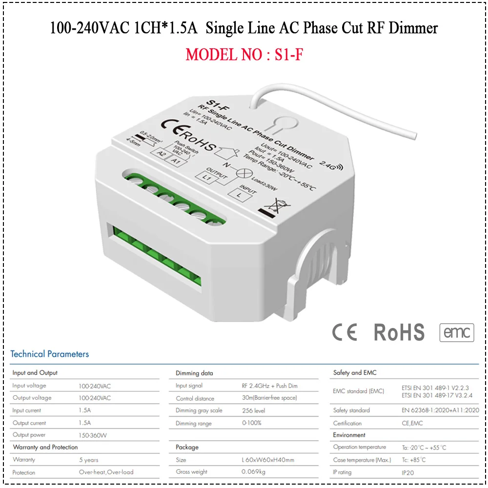 Single Line LED Controller No Neutral Wire AC Phase Cut RF Dimmer AC 110V 220V 230V 1CH*1.5A For Single Color Dimmable LED Lamps