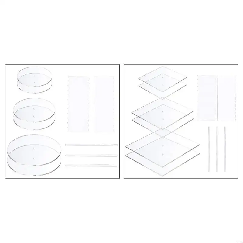 

896A 11 Pieces Acrylic Round/Square Cake Disk Set Circle Base Boards with Center Hole Pillar Comb Scrapers Dowel Rod Butter Cake