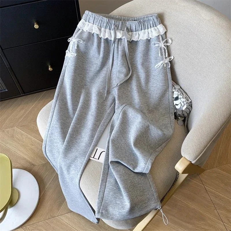 Gray Lace Patchwork Sweatpants Women High Waist Sweet Trousers Korean Fashion Loose Female Elegant All Match Wide Leg Pants
