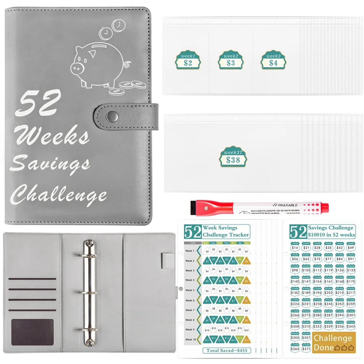 JUF-52 Week Money Saving Challenge Binder with Savings Challenges Book Cash Envelopes for Budget Planner Financial