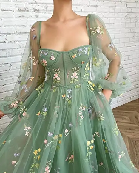 2 Styles Embroidery Lace Prom Dresses Women Puff Sleeves A-Line Long Wedding Party Gowns Open Back Tulle Lace Up Evening Dress