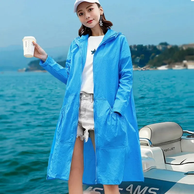 

Summer Korean Style Windbreak Women's Spring Jackets Slim Sunscreen Clothing White Hooded Long Coat Zipper Jacket Femme Thin