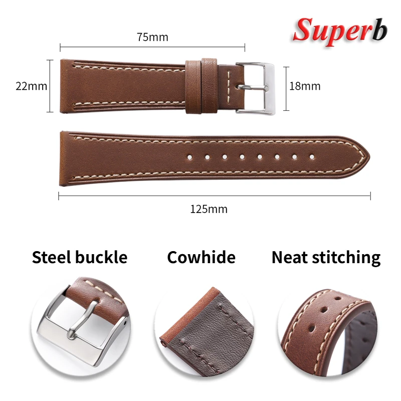 18 مللي متر 20 مللي متر 22 مللي متر خمر جلد العجل الساعات اليدوية الرجعية النفط الشمع حزام من الجلد لهواوي الرجال النساء حزام (استيك) ساعة اكسسوارات