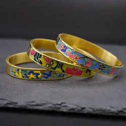 Trendy Stainless Steel Colorful Drop Oil Geometric Flower Gold Color Plated Cuff Bangle for Women Party Gift Drop Shipping