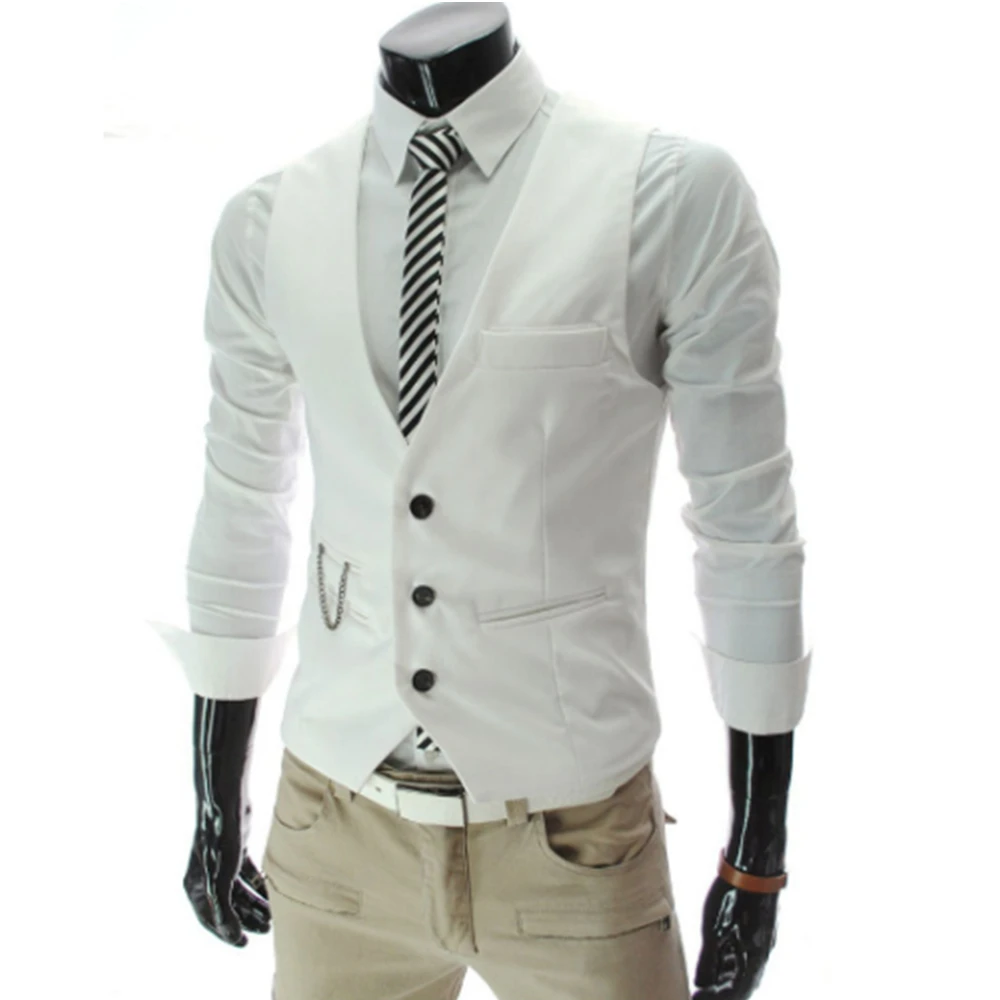 

NEW Korean Style White Vests For Men Slim Fit Mens Suit Vest Male Waistcoat Gilet Homme Casual Sleeveless Formal Business Jacket