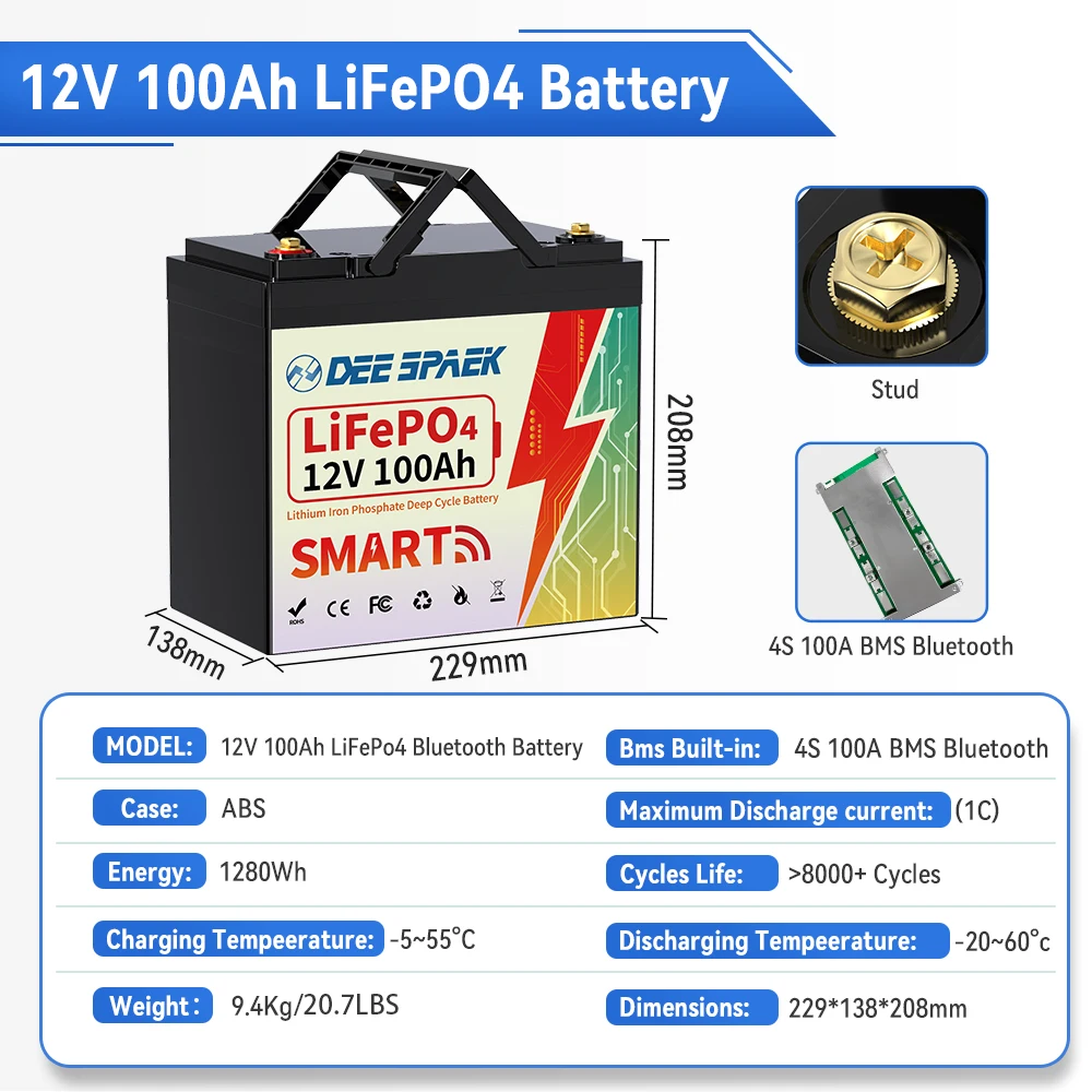 LiFePO4 Battery Pack 12V 100AH BMS 100A For Solar Boat RV Camping Solar Trolling Motor Bluetooth Lithium Iron Phosphate Batteria