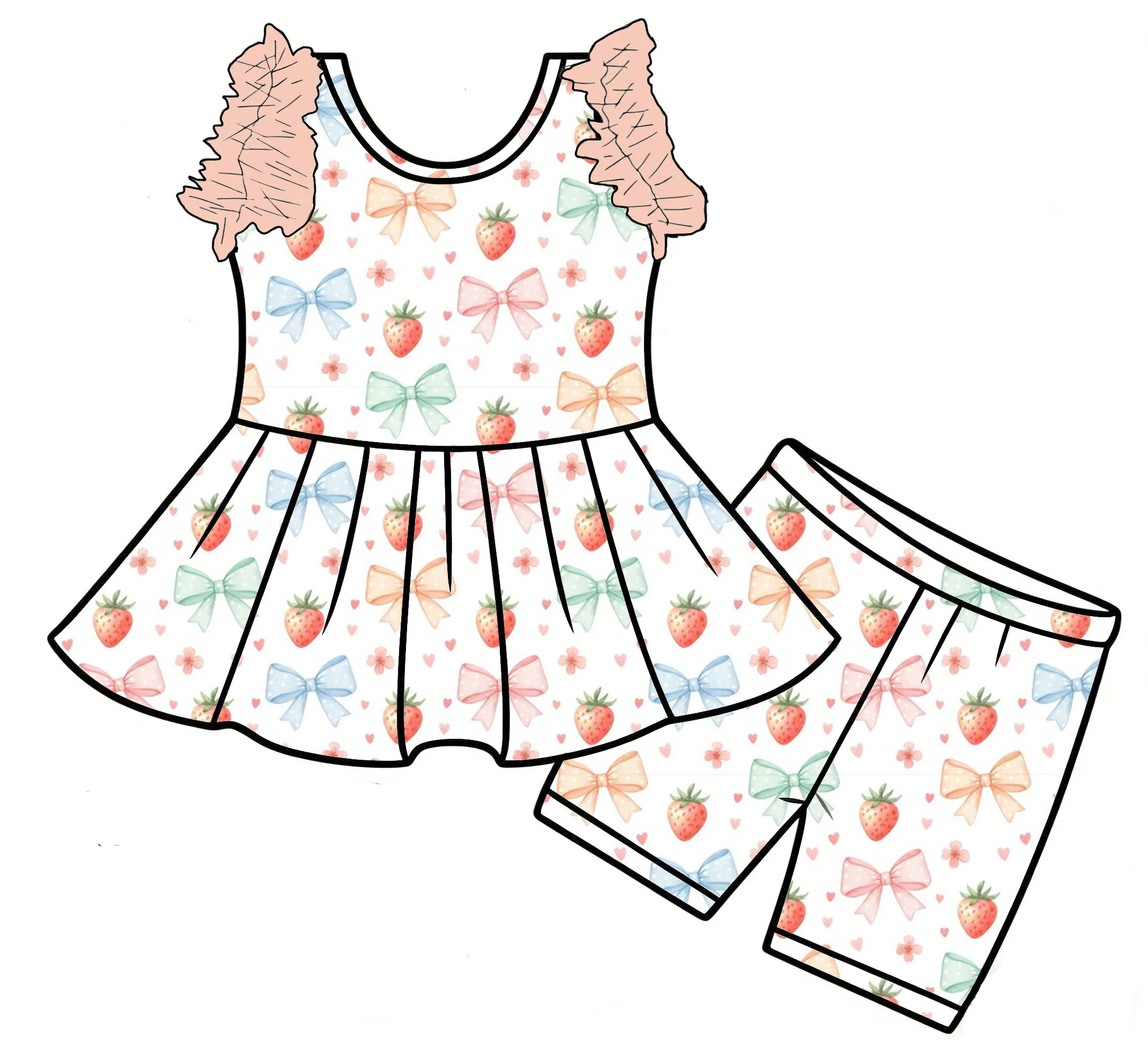New Summer Girl Sleeveless Shorts Set Meah Strawberry Color Bow Print Boutique Infant Girl Clothes Milk Silk