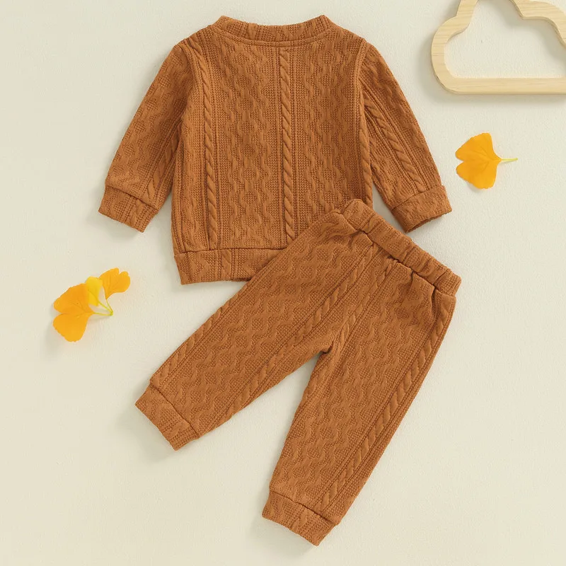 RUEWEY Baby Boy Girl Cable Knit Pant Sets Spring Autumn Clothes Long Sleeve Henry Collar Pullover with Elastic Waist Pants