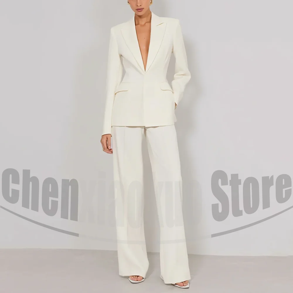 Elegant Suit for Women Chic Peak Lapel One Button Blazer and Pants Set Slim Office Business Casual Party Outfit 2 Piece
