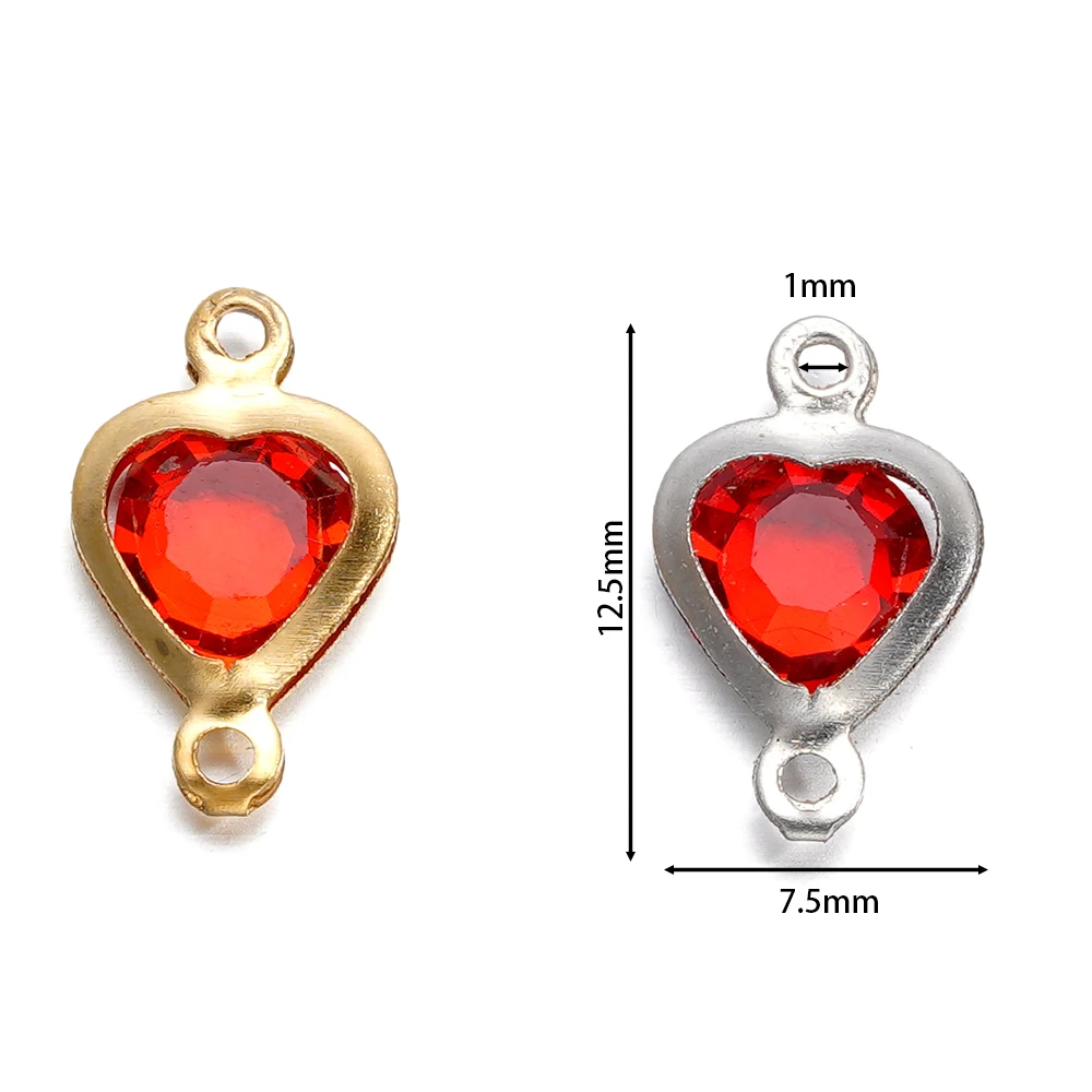 10pcs 7.5mm Stainless Steel Double Hole Heart Pendant Colorful Crystal Charms Connector for DIY Necklace Bracelet Jewelry Making