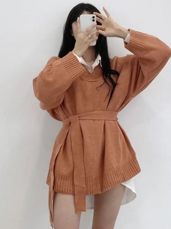 Schicker Sommer Vintage V-Ne Loose Lazy Knitwear Damen mittellanger Schlankheitspullover mit Gürtel, bequem, lang, Sve-Farbe