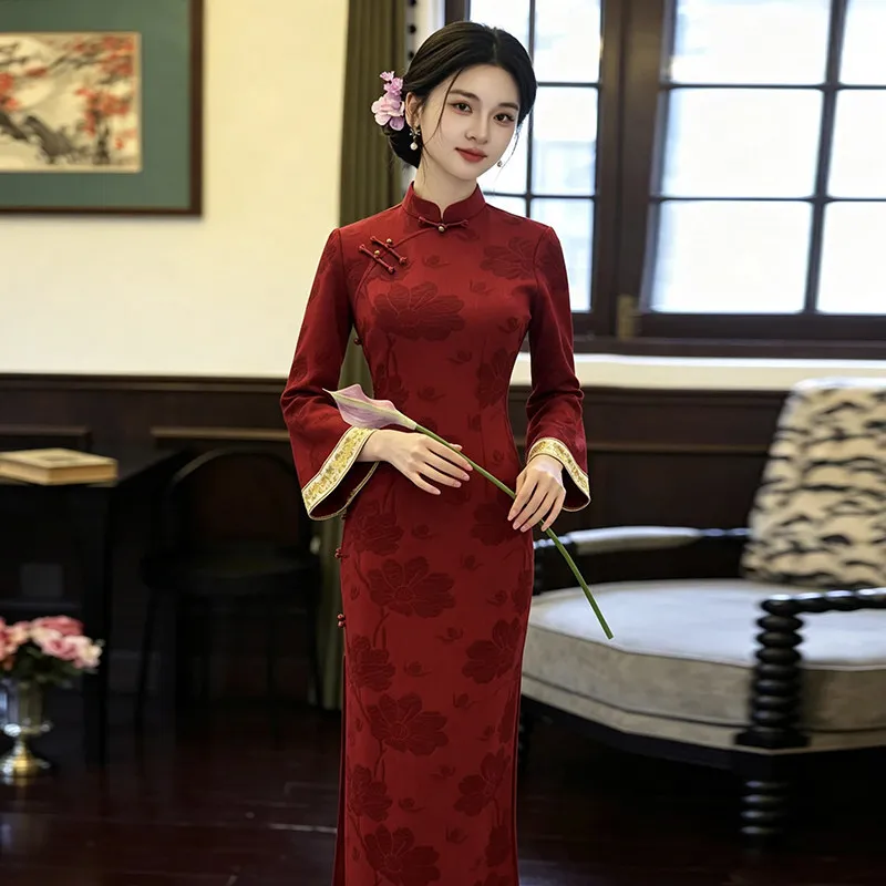Red National Style New Chinese Suzhou Long sleeved Cheongsam Improvement for Young Women Autumn/Winter Qipao Dress