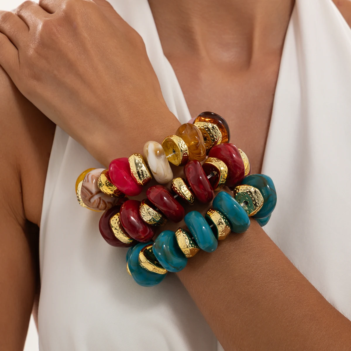 SHIXIN 11 Colors Bohemian Colorful Acrylic Resin Bead Bracelet for Women New Trendy Charm Stackable Elastic Bangles Jewelry Gift