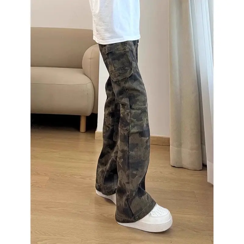 

Высокое качество 2025 года, камуфляжные комбинезоны в стиле ретро с микроподтяжками, мужские уличные брюки, камуфляжные узкие расклешенные широкие хлопковые джинсы