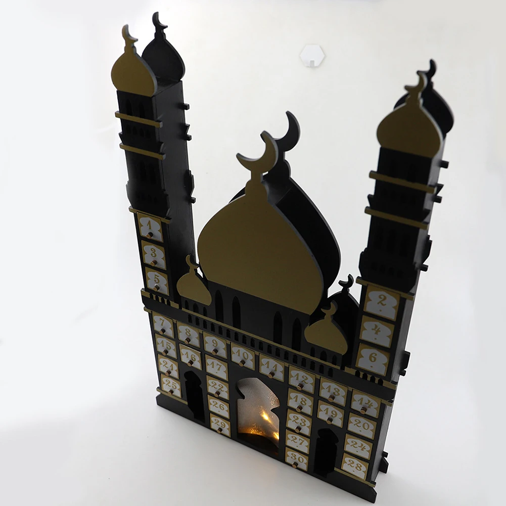 DIY Ramadan Advent Calendar With Drawer Box Wooden Castle Ramadan Countdown Calendar With LED Light For Eid Mubarak