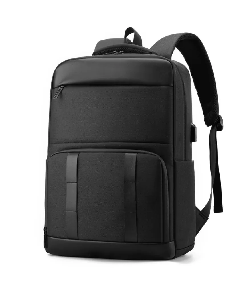 Black leather like top cover backpack with vertical straps anti splash wear resistant fabric for young people commute casual use
