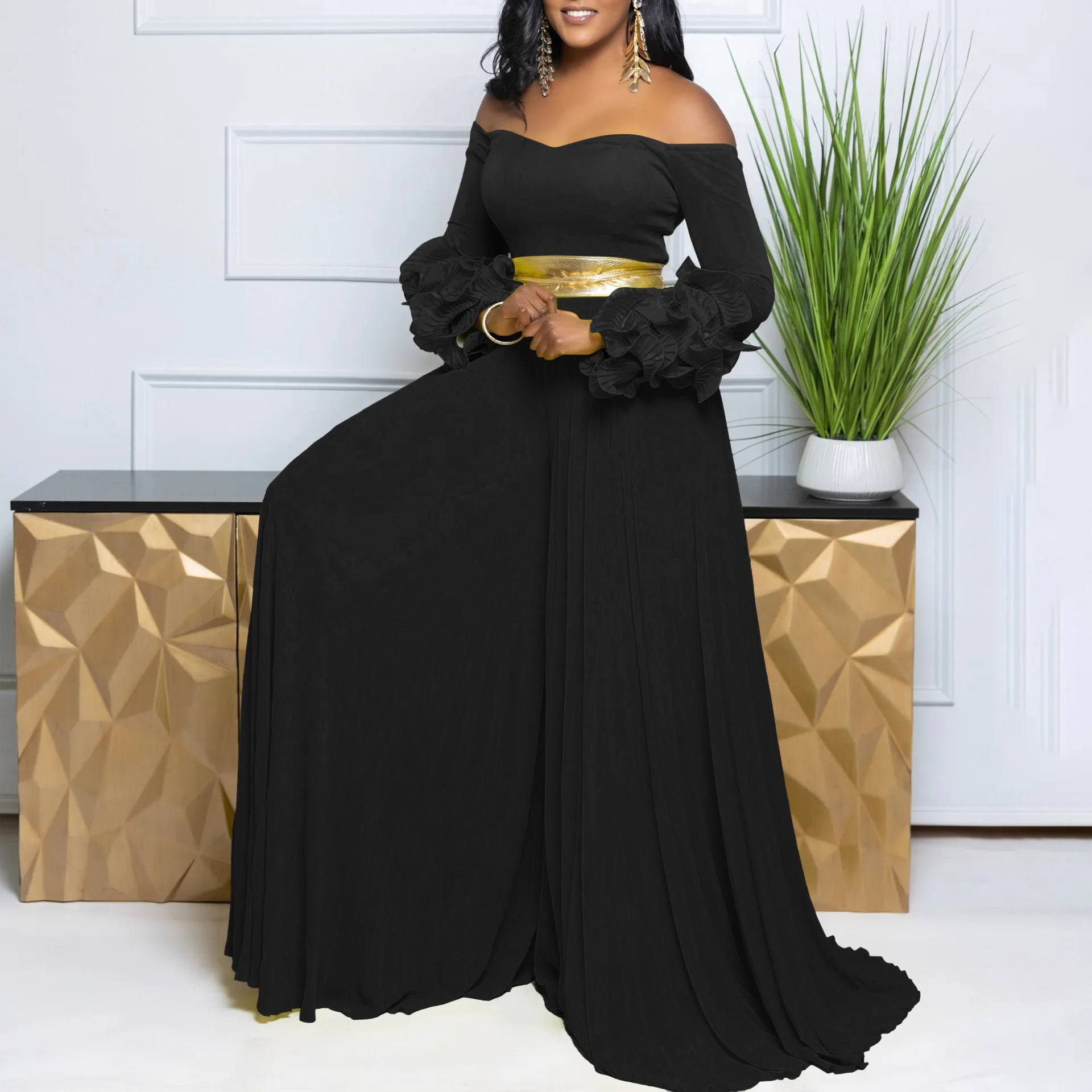 C86112026 New Fashion Off-shoulder Ruffle Sleeve Solid Color Pleated Wide-leg Jumpsuit Summer Dresses 2026 Luxury Femme Vestidos