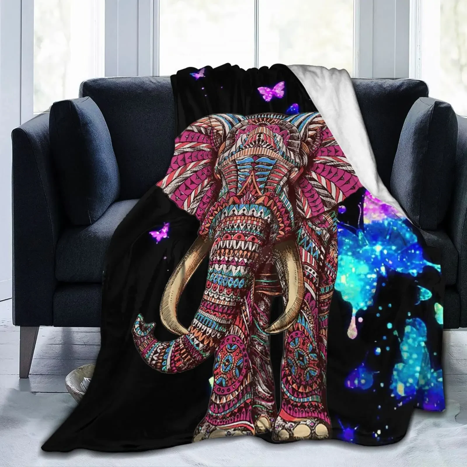 Bohemian Blanket Boho Elephant Throw Blanket Soft Flannel Animal Blanket for Bed Couch Sofa Warm Fuzzy Blanket for Men Women